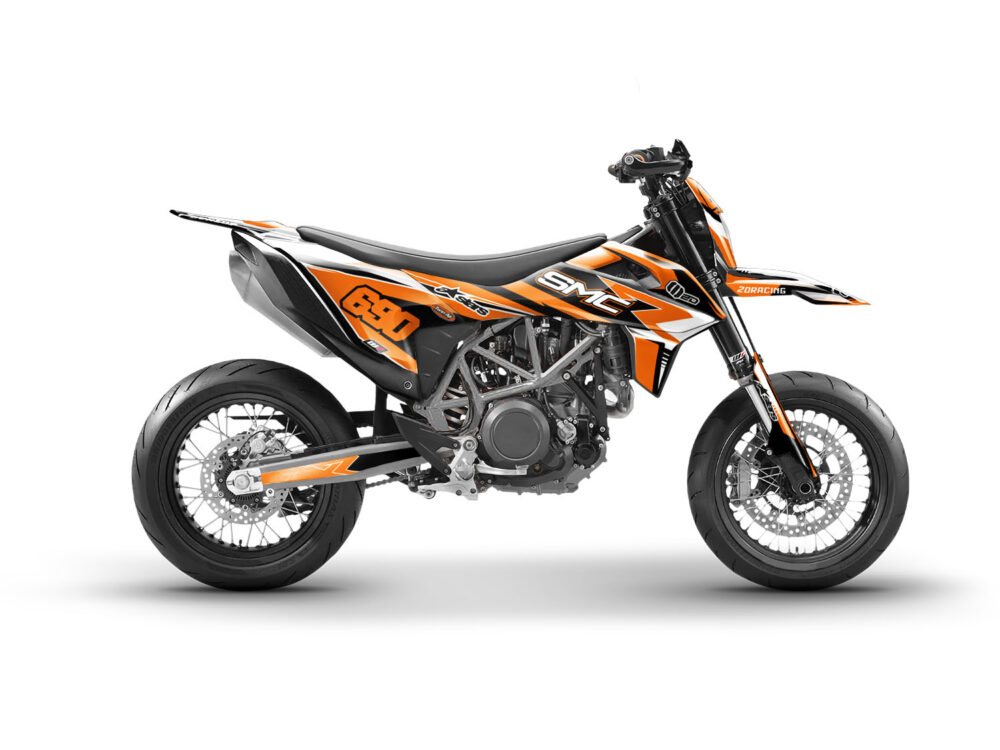 Vue de profil, d'un kit déco orange pour moto routière KTM SMC R.