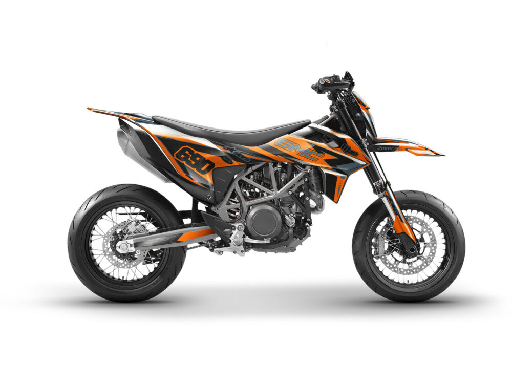 Vue de profil, d'un kit déco orange et gris pour moto routière KTM SMC R.