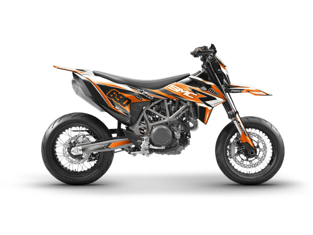 Vue de profil, d'un kit déco orange et noir pour moto routière KTM SMC R.
