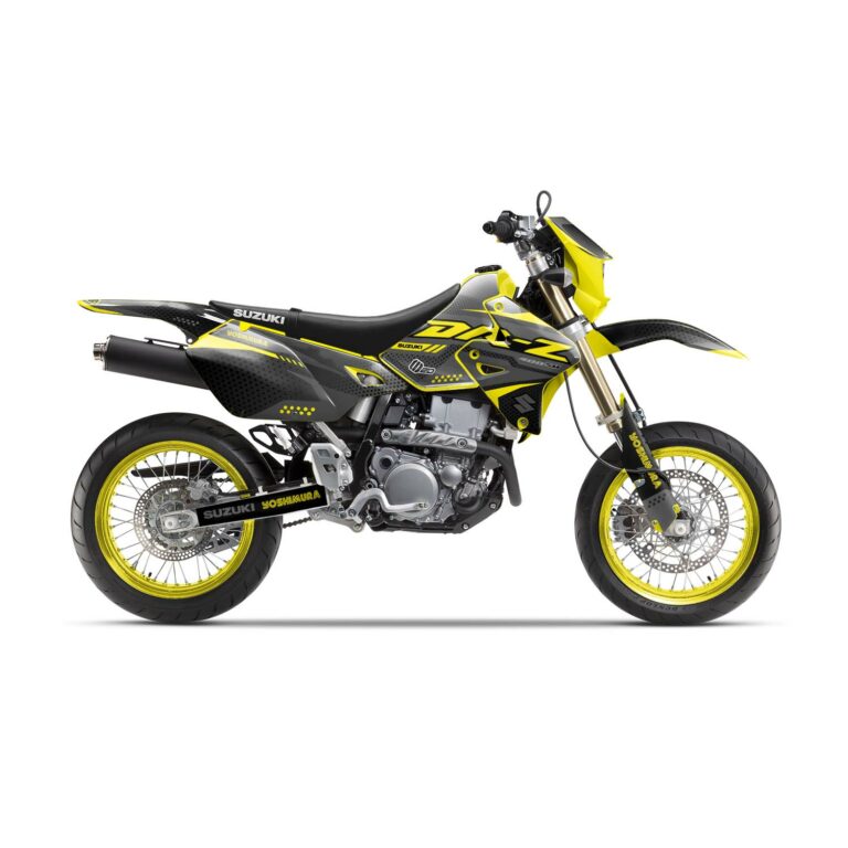 Vue de profil, d'un kit déco jaune pour une moto DRZ 400 SM.