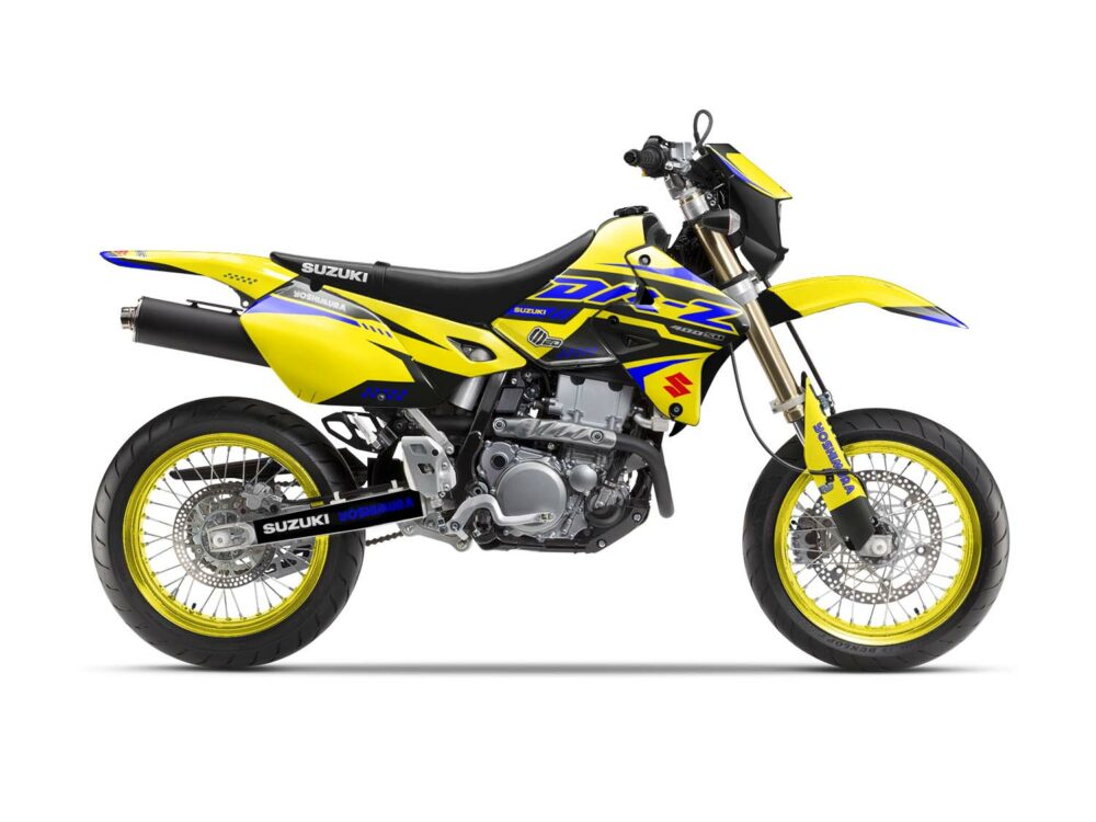 Vue de profil, d'un kit déco jaune et bleu pour une moto DRZ 400 SM.