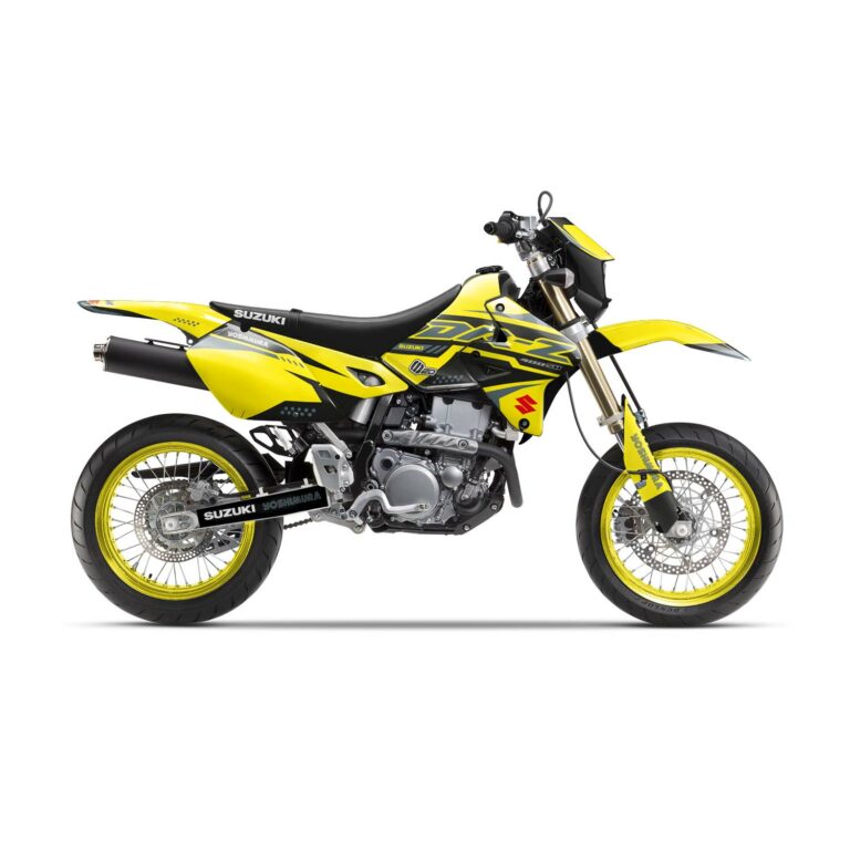 Vue de profil, d'un kit déco jaune et gris pour une moto DRZ 400 SM.