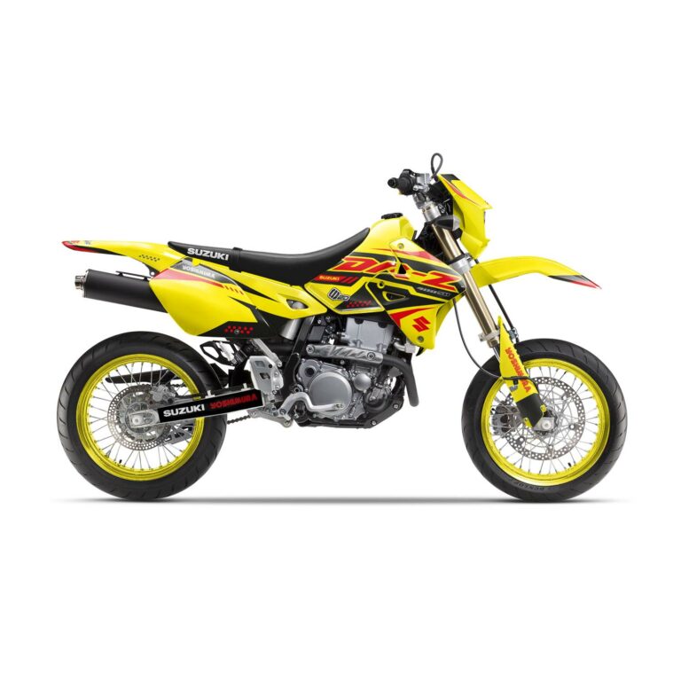 Vue de profil, d'un kit déco jaune et rouge pour une moto DRZ 400 SM.