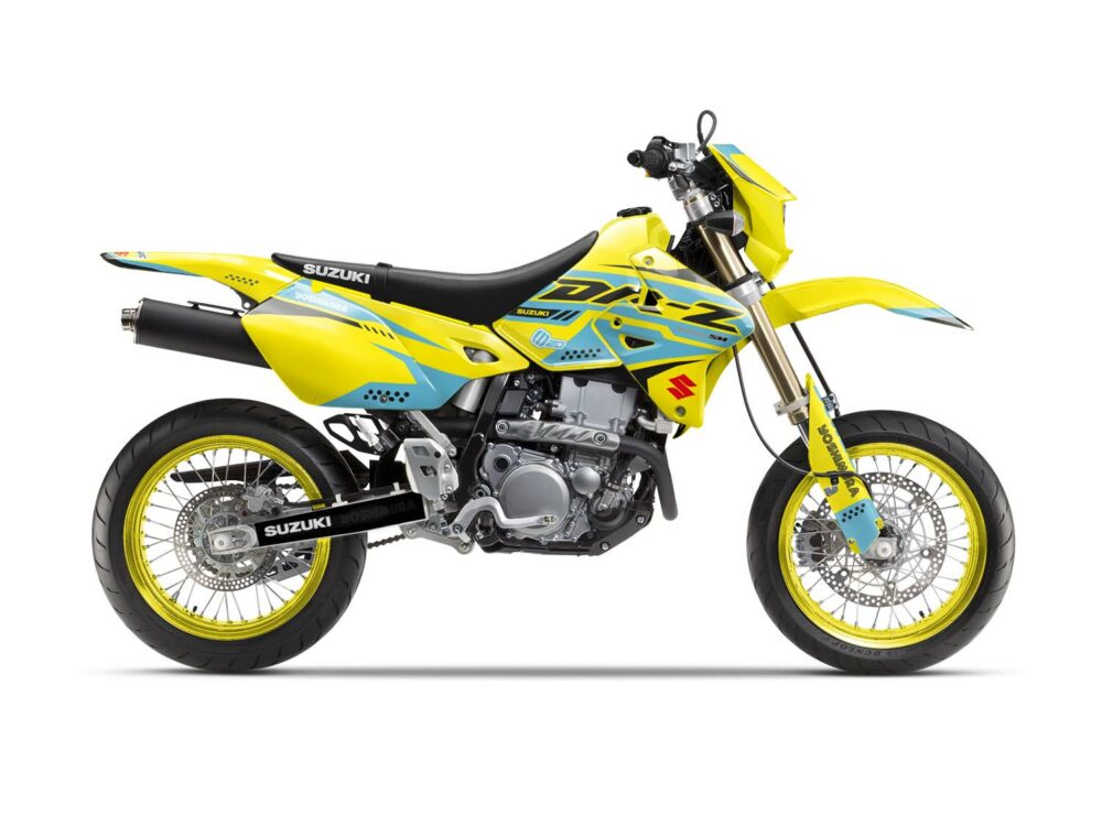 Vue de profil, d'un kit déco jaune et turquoise pour une moto DRZ 400 SM.