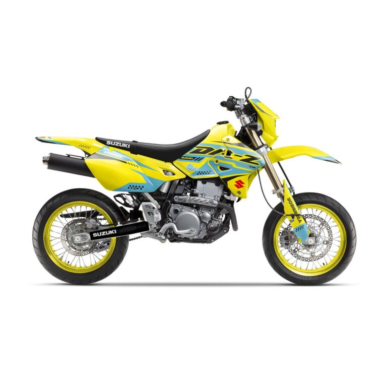 Vue de profil, d'un kit déco jaune et turquoise pour une moto DRZ 400 SM.