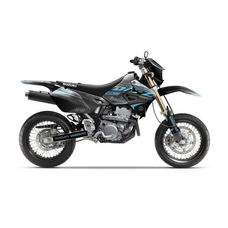Vue de profil, d'un kit déco turquoise pour une moto DRZ 400 SM.