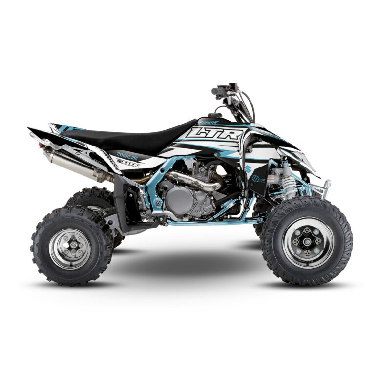 Vue de profil, d'un kit déco blanc et turquoise pour quad Suzuki LTR 450.