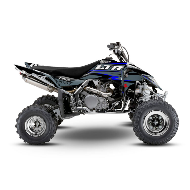 Vue de profil, d'un kit déco gris et bleu pour quad Suzuki LTR 450.