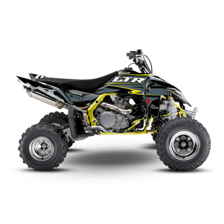 Vue de profil, d'un kit déco gris et jaune pour quad Suzuki LTR 450.