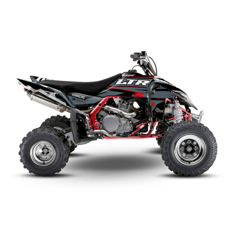 Vue de profil, d'un kit déco gris et rouge pour quad Suzuki LTR 450.