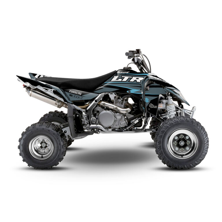 Vue de profil, d'un kit déco gris et turquoise pour quad Suzuki LTR 450.