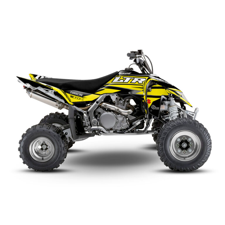 Vue de profil, d'un kit déco jaune et gris pour quad Suzuki LTR 450.