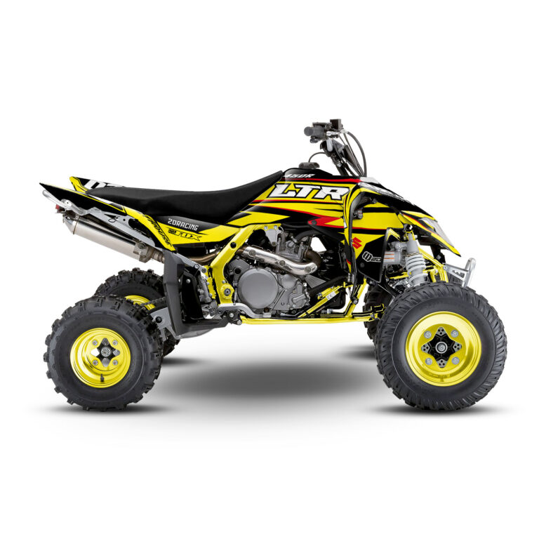 Vue de profil, d'un kit déco jaune et rouge pour quad Suzuki LTR 450.