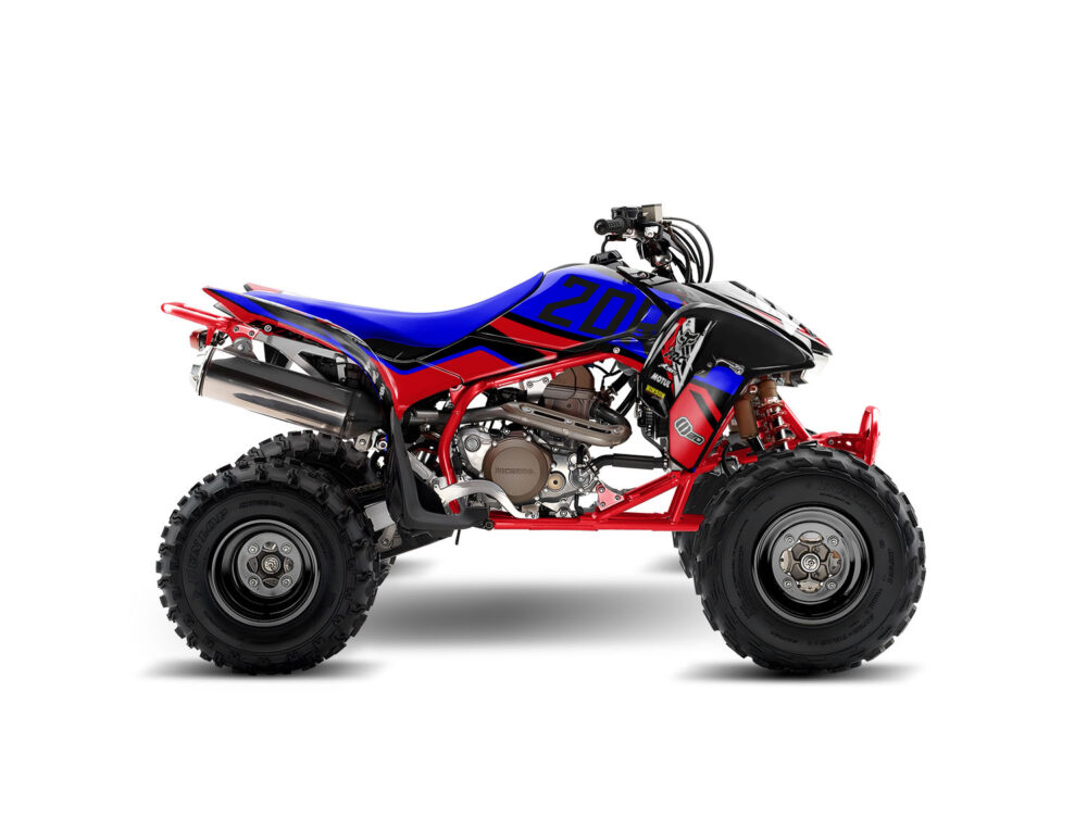 Vue de profil, d'un kit déco rouge et bleu pour quad honda TRX 450.
