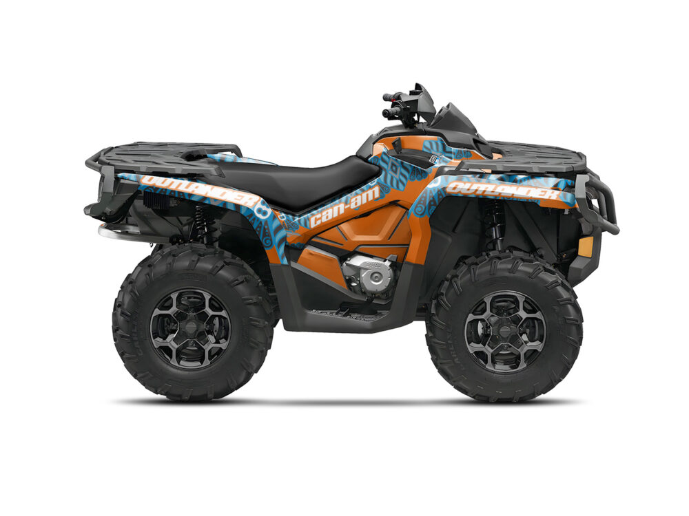 Vue de profil, d'un kit déco gris et orange pour quad CAN AM OUTLANDER 1000.
