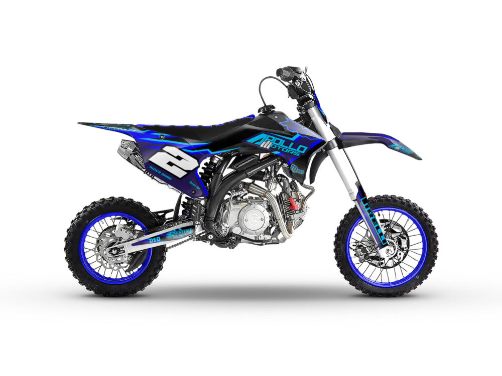 Vue de profil, d'un kit déco bleu pour pit bike APOLLO RXF.
