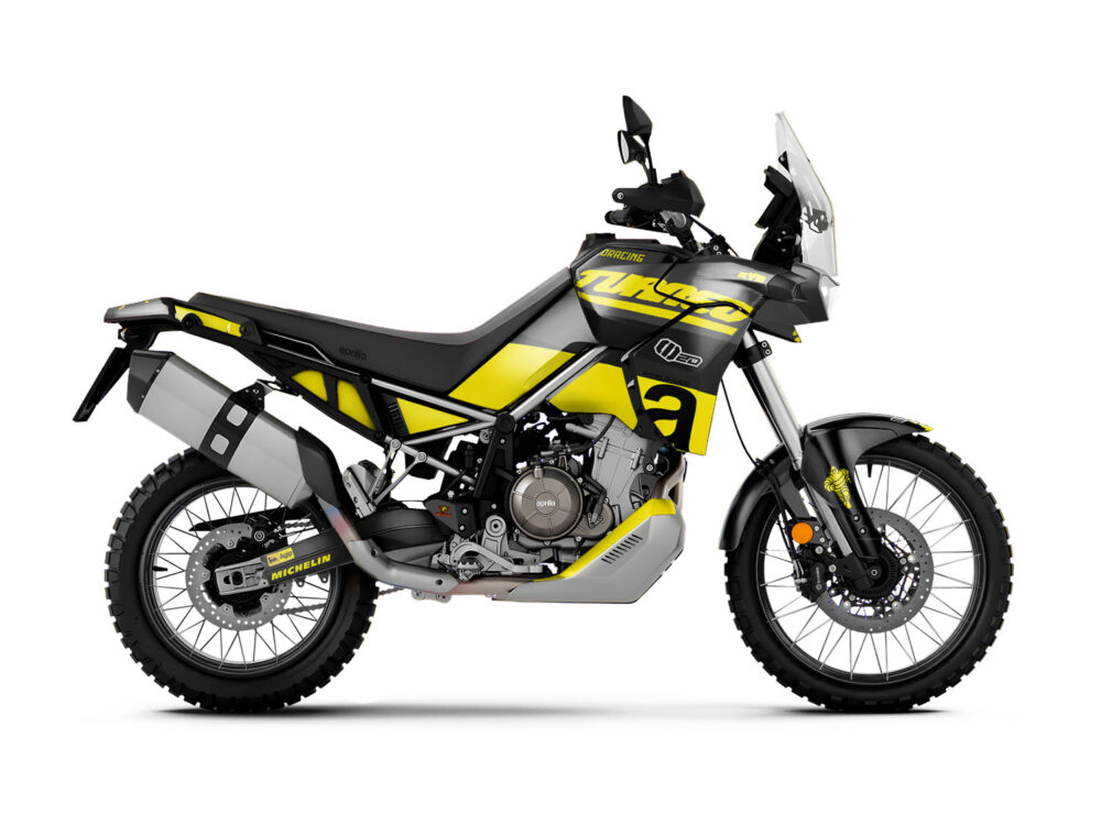 Vue de profil, d'un kit déco jaune pour moto routière APRILIA TUAREG.