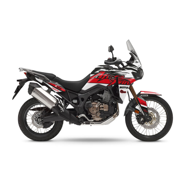 Vue de profil, d'un kit déco blanc pour moto routière HONDA africa twin.
