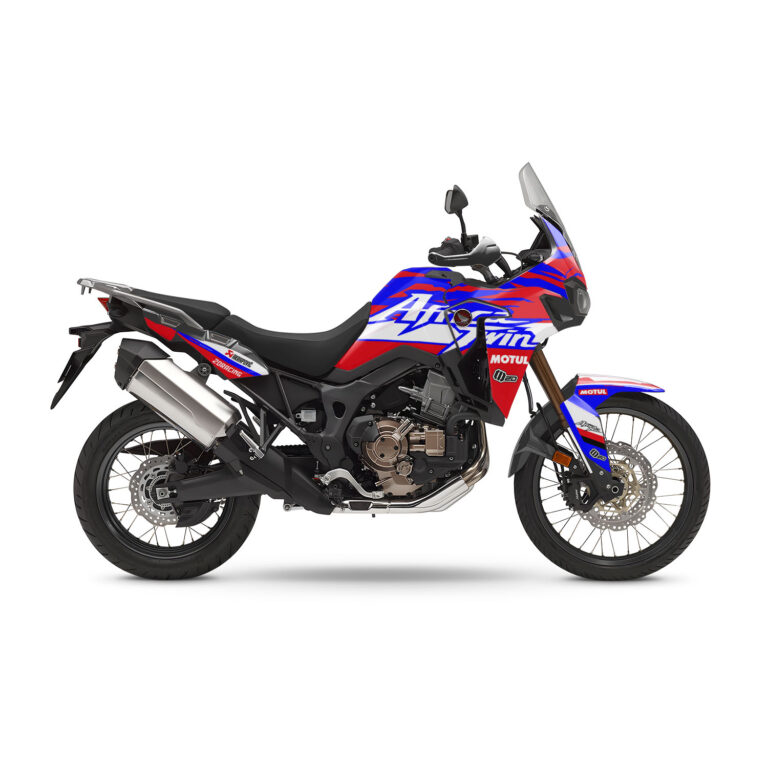 Vue de profil, d'un kit déco bleu pour moto routière HONDA africa twin.