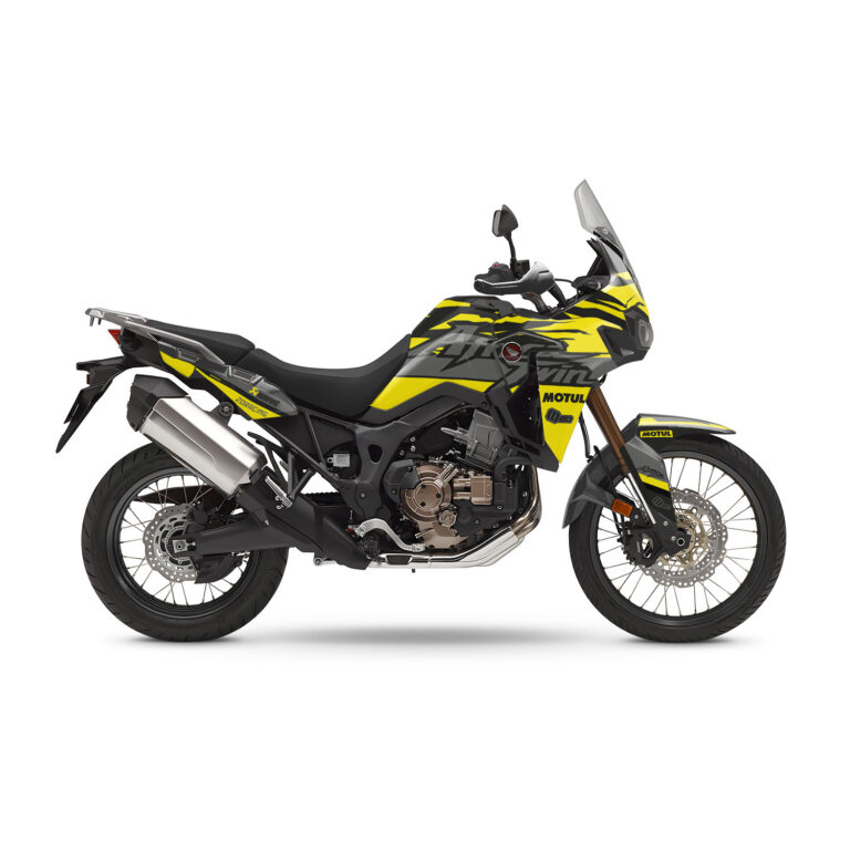 Vue de profil, d'un kit déco jaune pour moto routière HONDA africa twin.