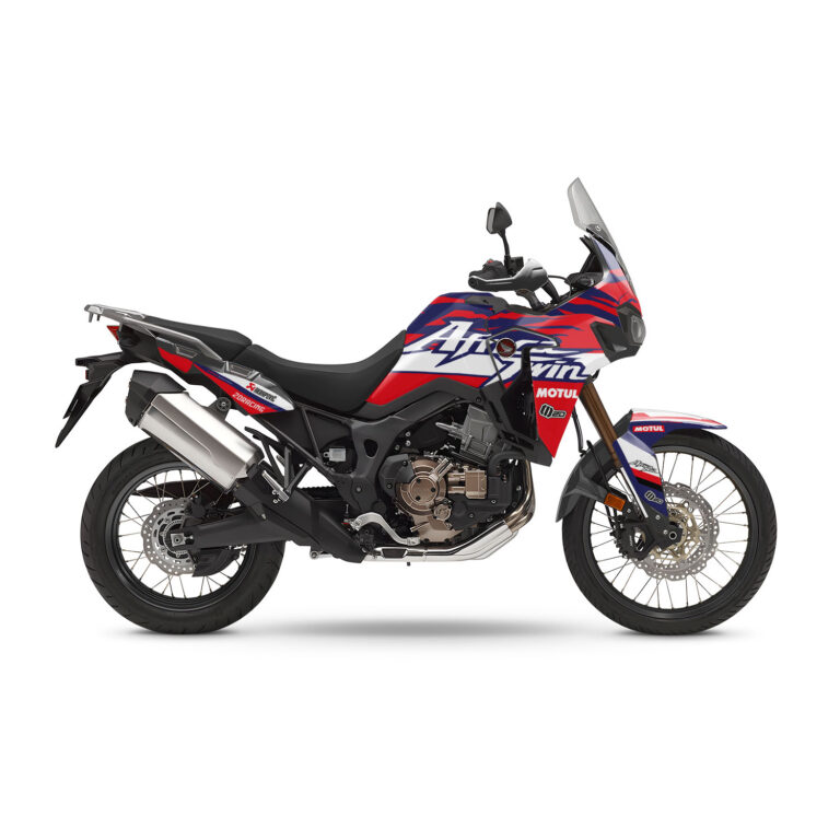 Vue de profil, d'un kit déco navy pour moto routière HONDA africa twin.