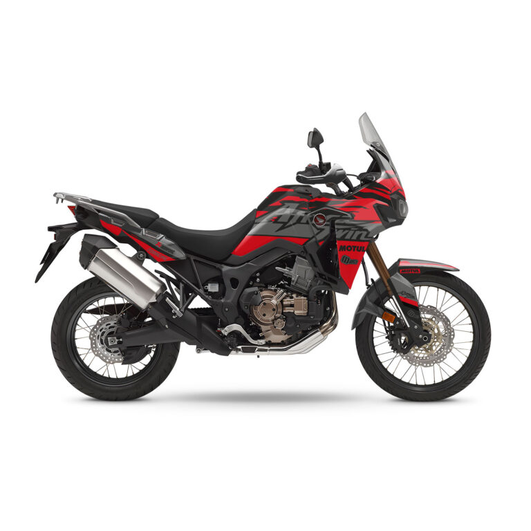 Vue de profil, d'un kit déco rouge pour moto routière HONDA africa twin.