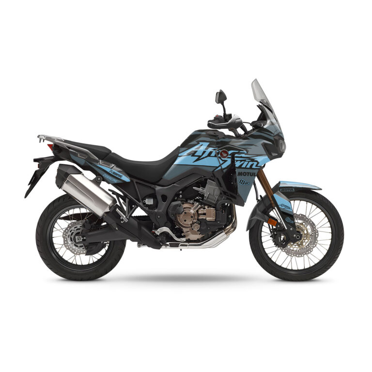 Vue de profil, d'un kit déco turquoise pour moto routière HONDA africa twin.