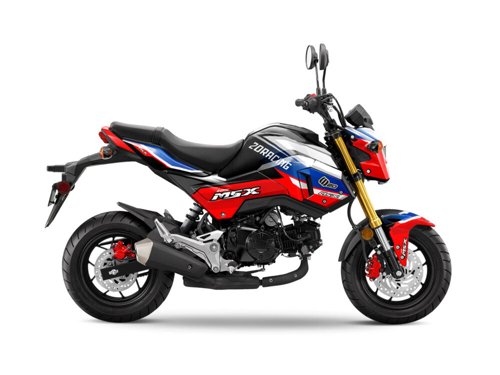 Vue de profil, d'un kit déco bleu pour moto routière HONDA MSX GROM.