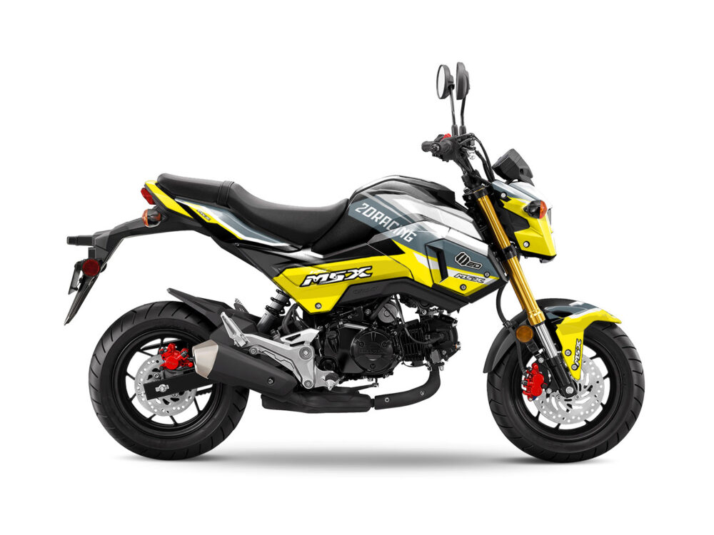 Vue de profil, d'un kit déco jaune pour moto routière HONDA MSX GROM.