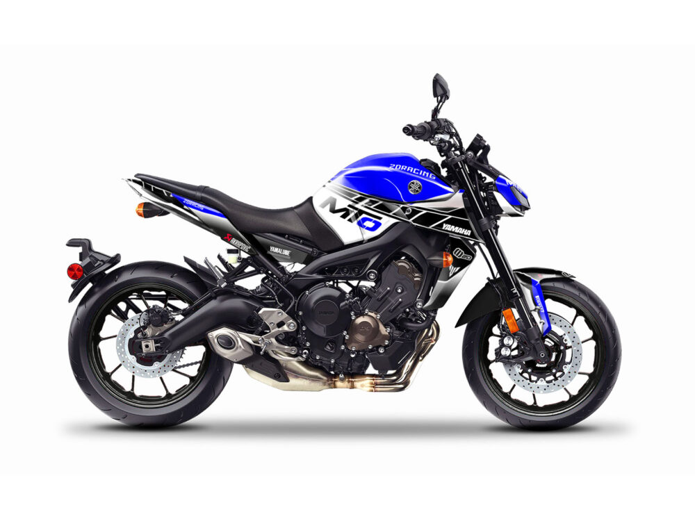 Vue de profil, d'un kit déco bleu pour moto routière YAMAHA MT09.
