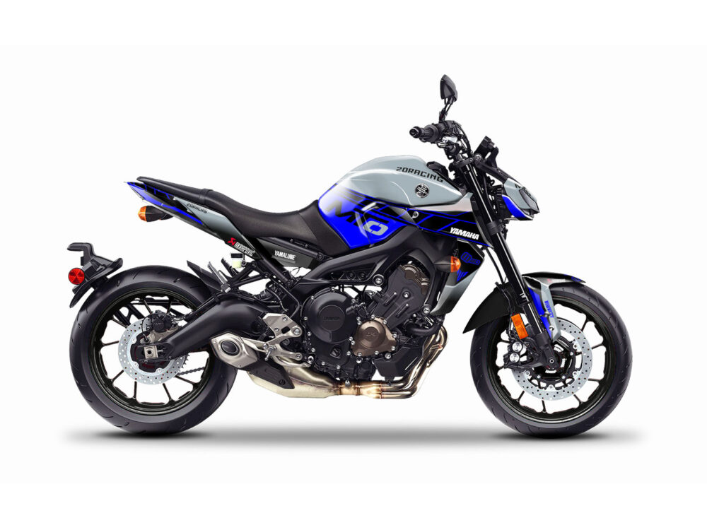 Vue de profil, d'un kit déco gris et bleu pour moto routière YAMAHA MT09.
