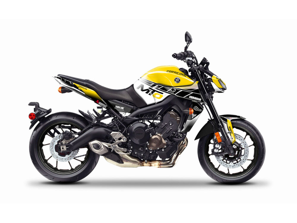 Vue de profil, d'un kit déco jaune pour moto routière YAMAHA MT09.