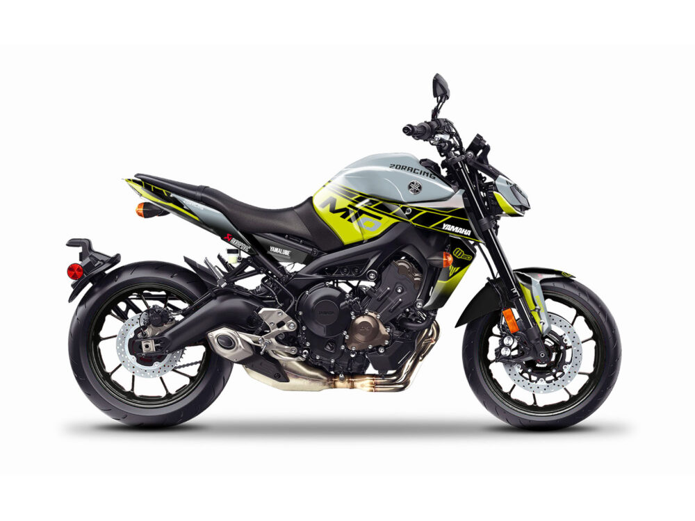 Vue de profil, d'un kit déco vert pour moto routière YAMAHA MT09.