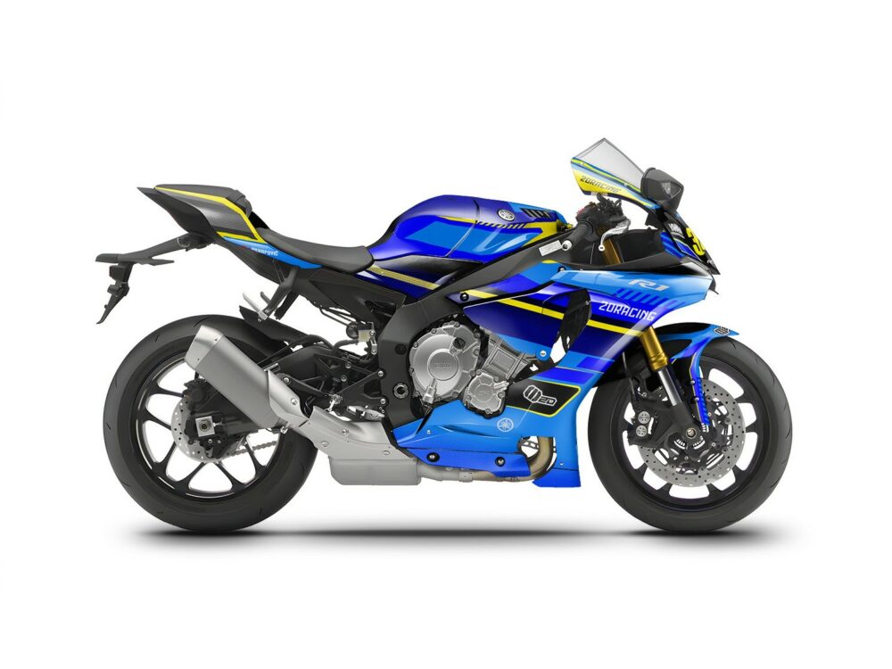 Vue de profil, d'un kit déco bleu pour moto routière YAMAHA R1.