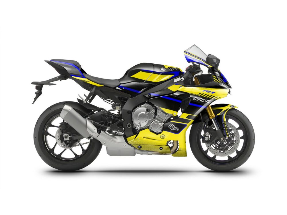 Vue de profil, d'un kit déco jaune pour moto routière YAMAHA R1.