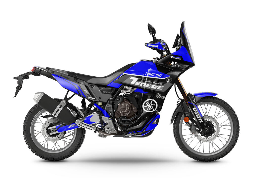 Vue de profil, d'un kit déco bleu pour moto routière YAMAHA TENERE 700.