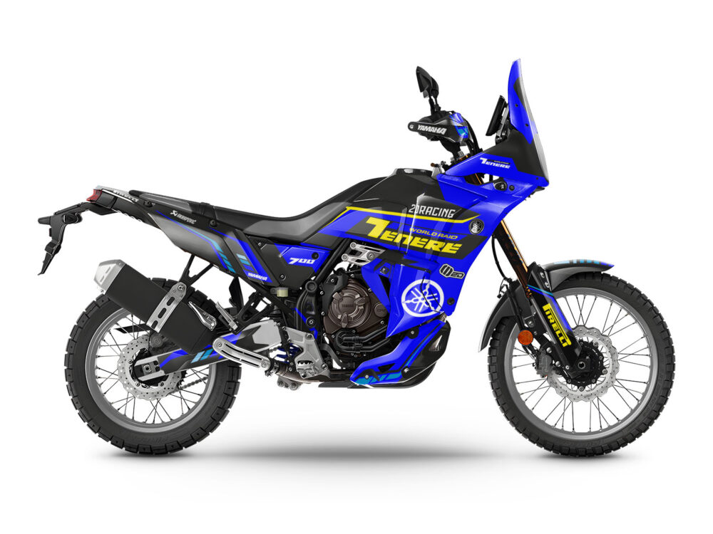 Vue de profil, d'un kit déco noir et bleu pour moto routière YAMAHA TENERE 700.