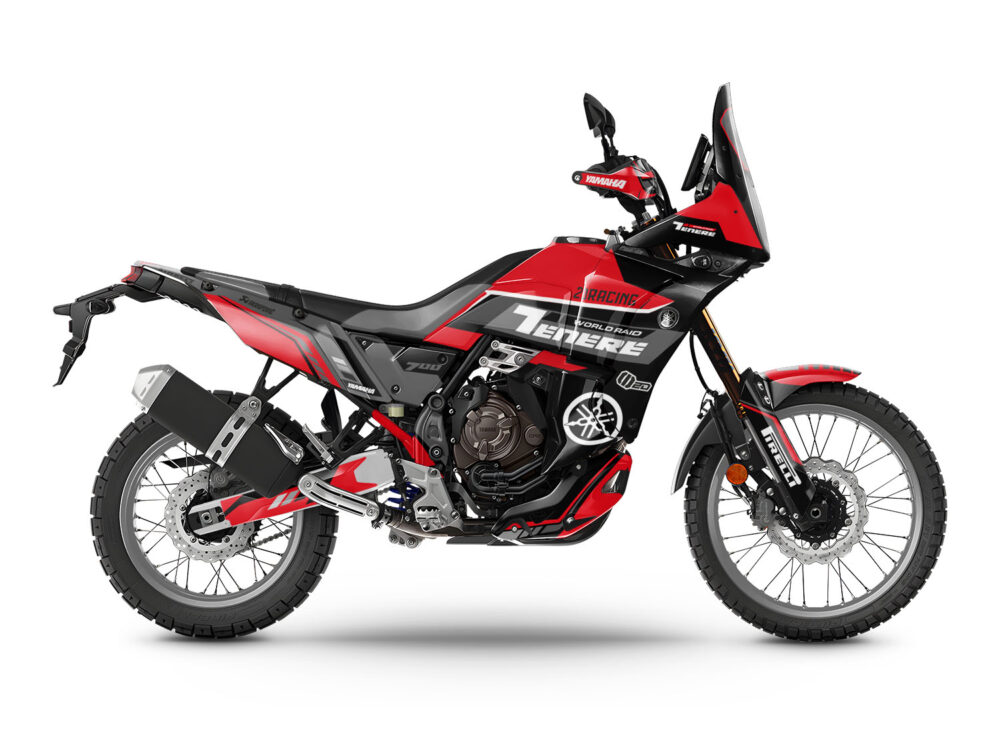 Vue de profil, d'un kit déco rouge pour moto routière YAMAHA TENERE 700.