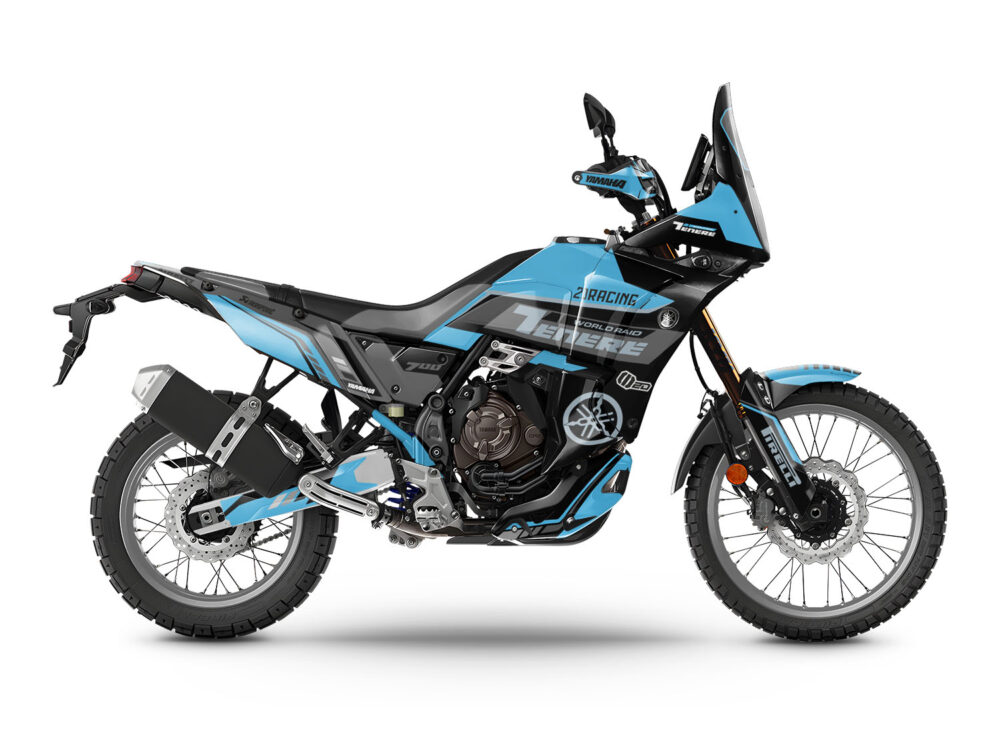 Vue de profil, d'un kit déco turquoise pour moto routière YAMAHA TENERE 700.