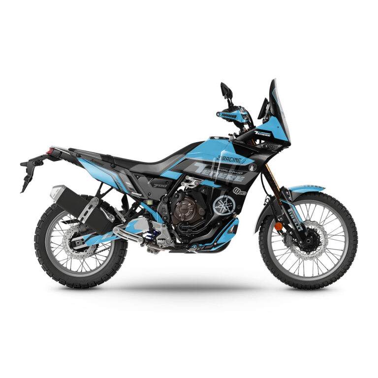 Vue de profil, d'un kit déco turquoise pour moto routière YAMAHA TENERE 700.