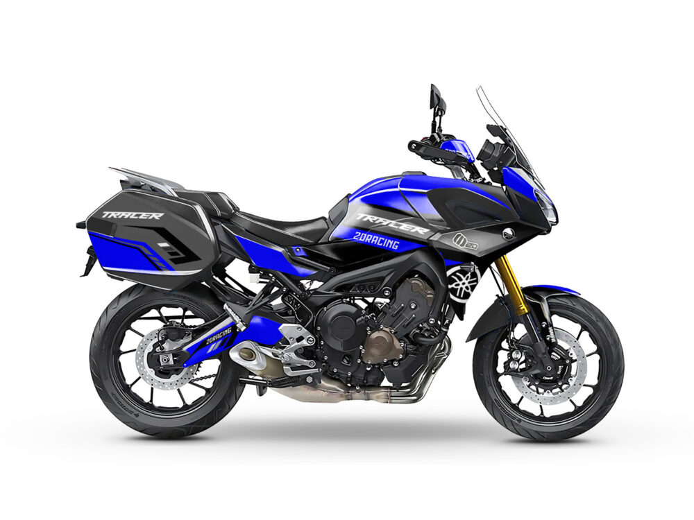 Vue de profil, d'un kit déco bleu pour moto routière YAMAHA TRACER 900.