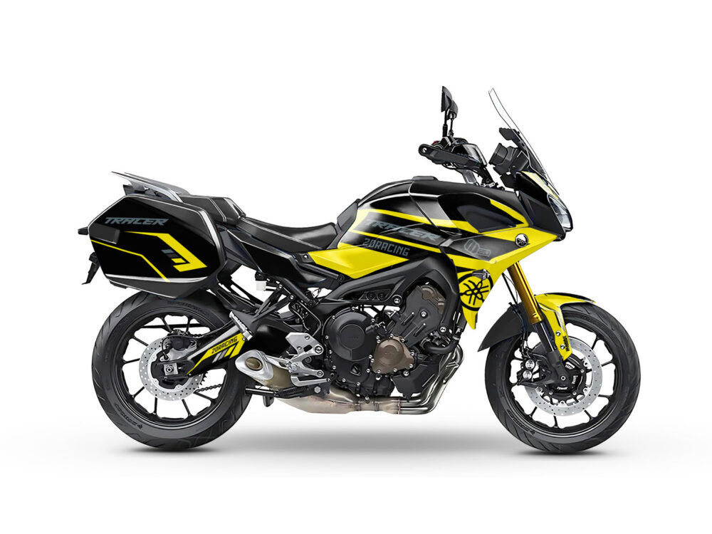 Vue de profil, d'un kit déco jaune pour moto routière YAMAHA TRACER 900.