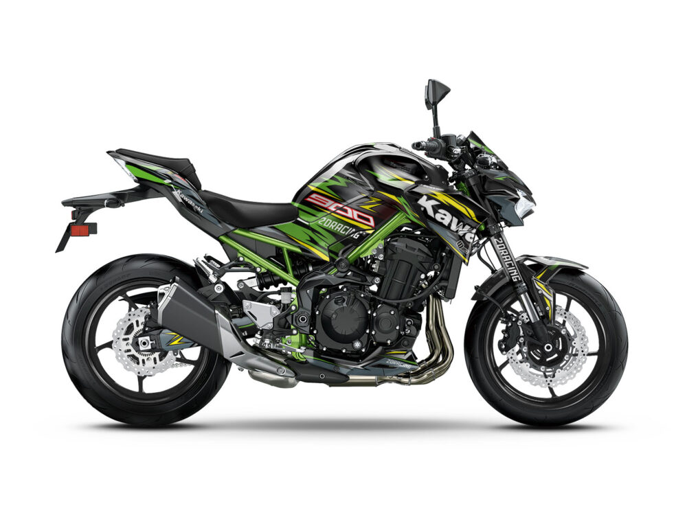 Vue de profil, d'un kit déco vert pour moto routière KAWASAKI Z900.