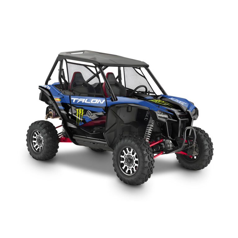 Vue de profil, d'un kit déco bleu pour un SSV Honda talon 1000x.