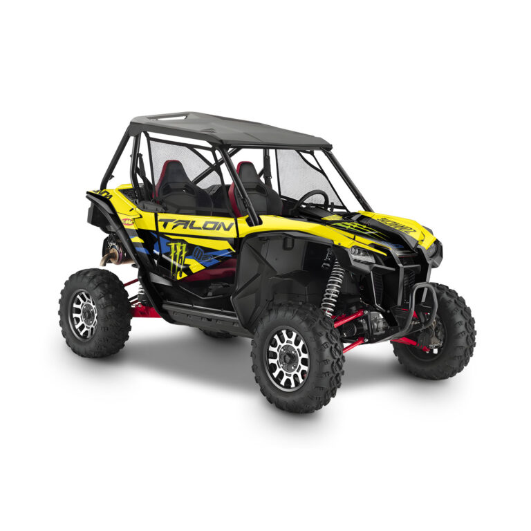 Vue de profil, d'un kit déco jaune pour un SSV Honda talon 1000x.