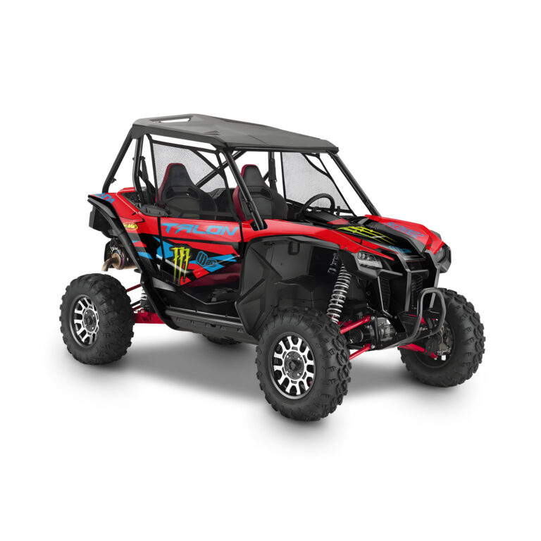 Vue de profil, d'un kit déco rouge et bleu pour un SSV Honda talon 1000x.