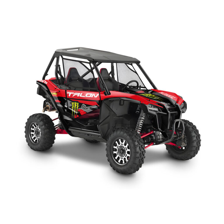 Vue de profil, d'un kit déco rouge pour un SSV Honda talon 1000x.