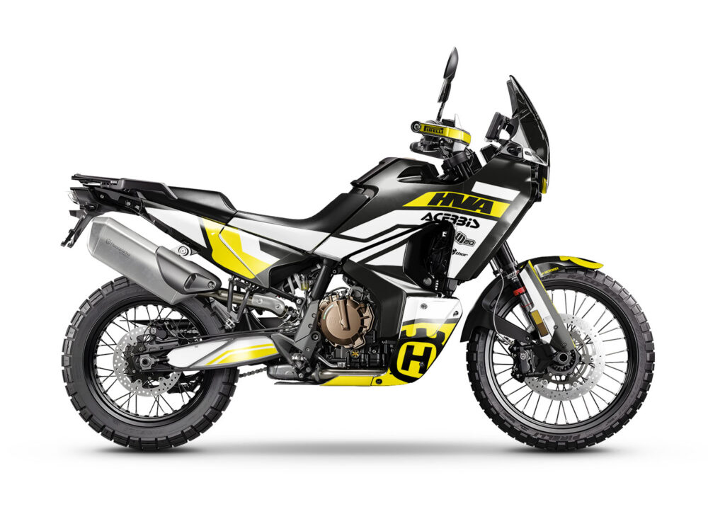 Vue de profil, d'un kit déco jaune pour moto routière HVA NORDEN 901.