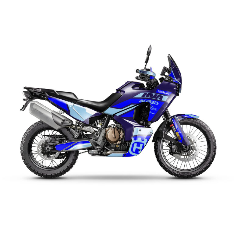Vue de profil, d'un kit déco navy pour moto routière HVA NORDEN 901.