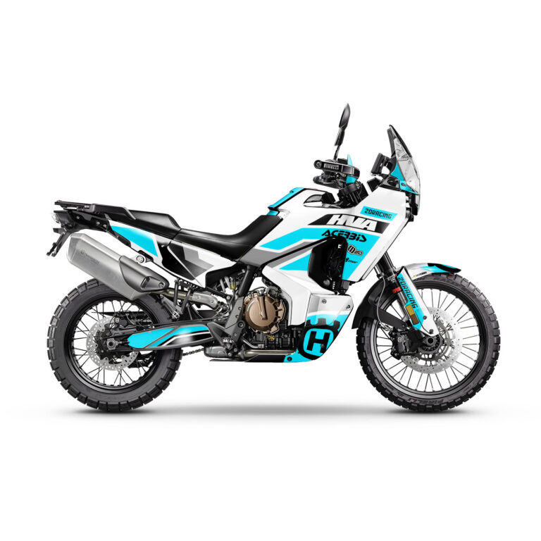 Vue de profil, d'un kit déco turquoise pour moto routière HVA NORDEN 901.